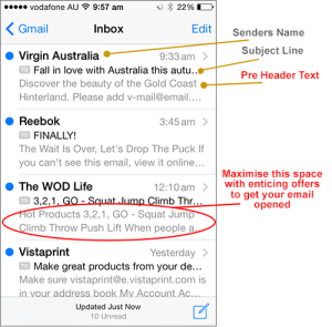 An iPhone screenshot of a Gmail Inbox with the preheaders highlighted.